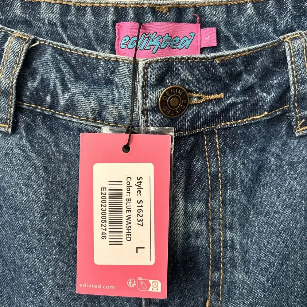 Edikted Jacqui Low Rise Denim Bermuda Shorts Womens L NWT Blue Washed